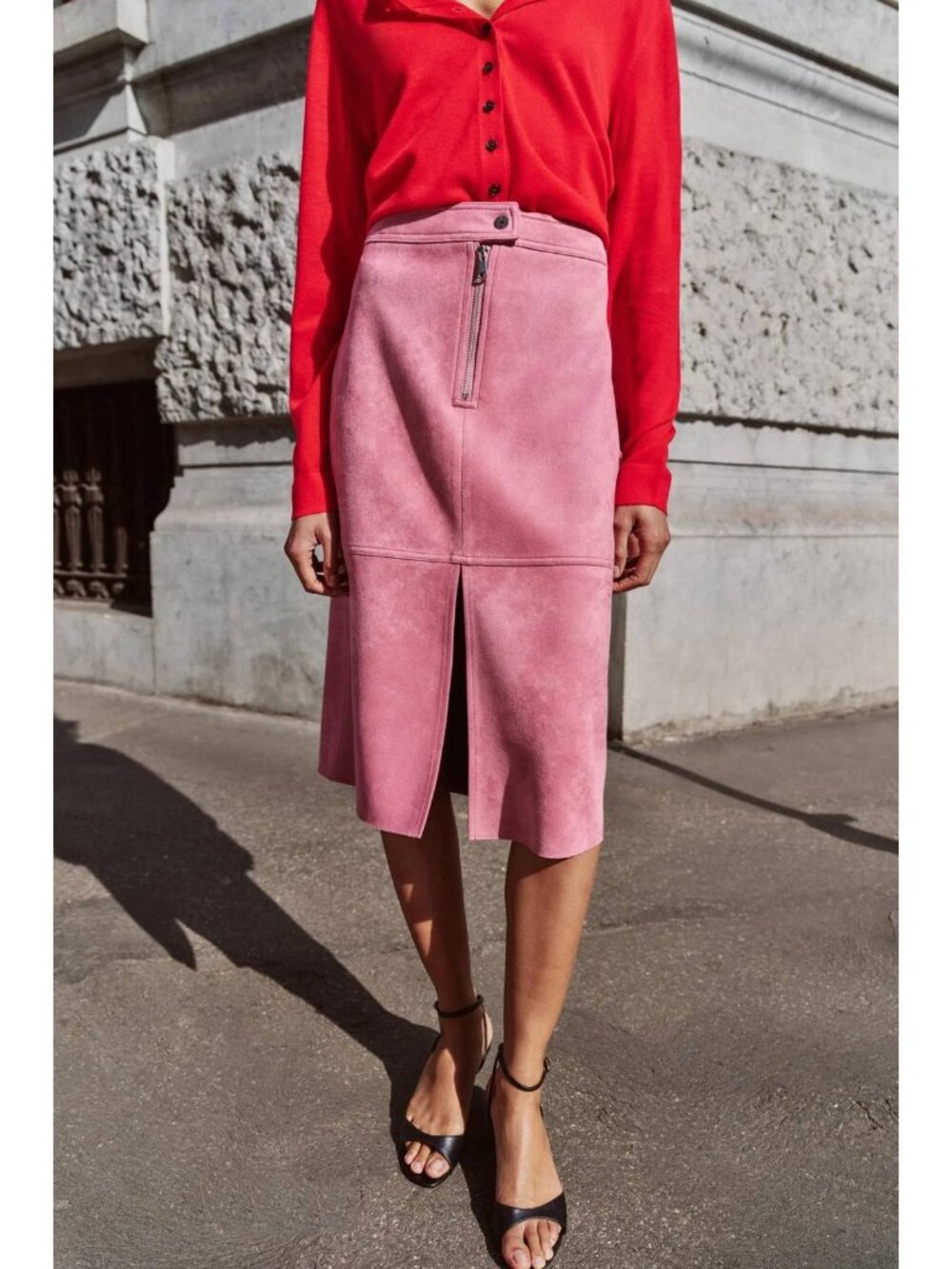 Zara Faux Suede Midi Skirt Pink Lilac Large Front Zipper Slit NWT